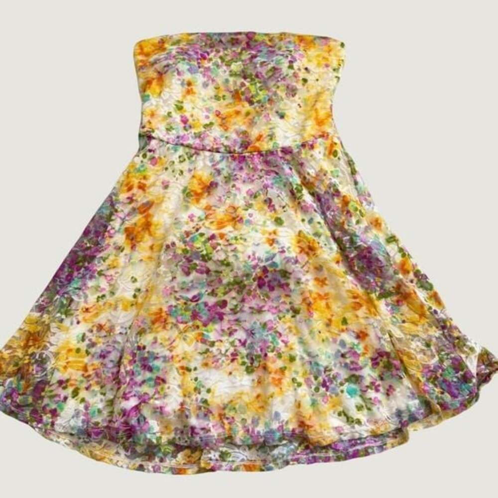 As U Wish Floral Lace Strapless Mini Dress Yellow Purple Fit and Flare Medium